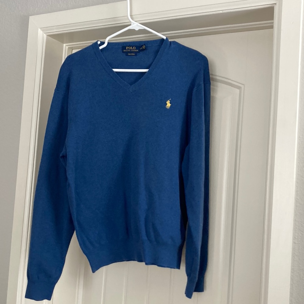 Blue Polo Pima Cotton v-neck sweater.